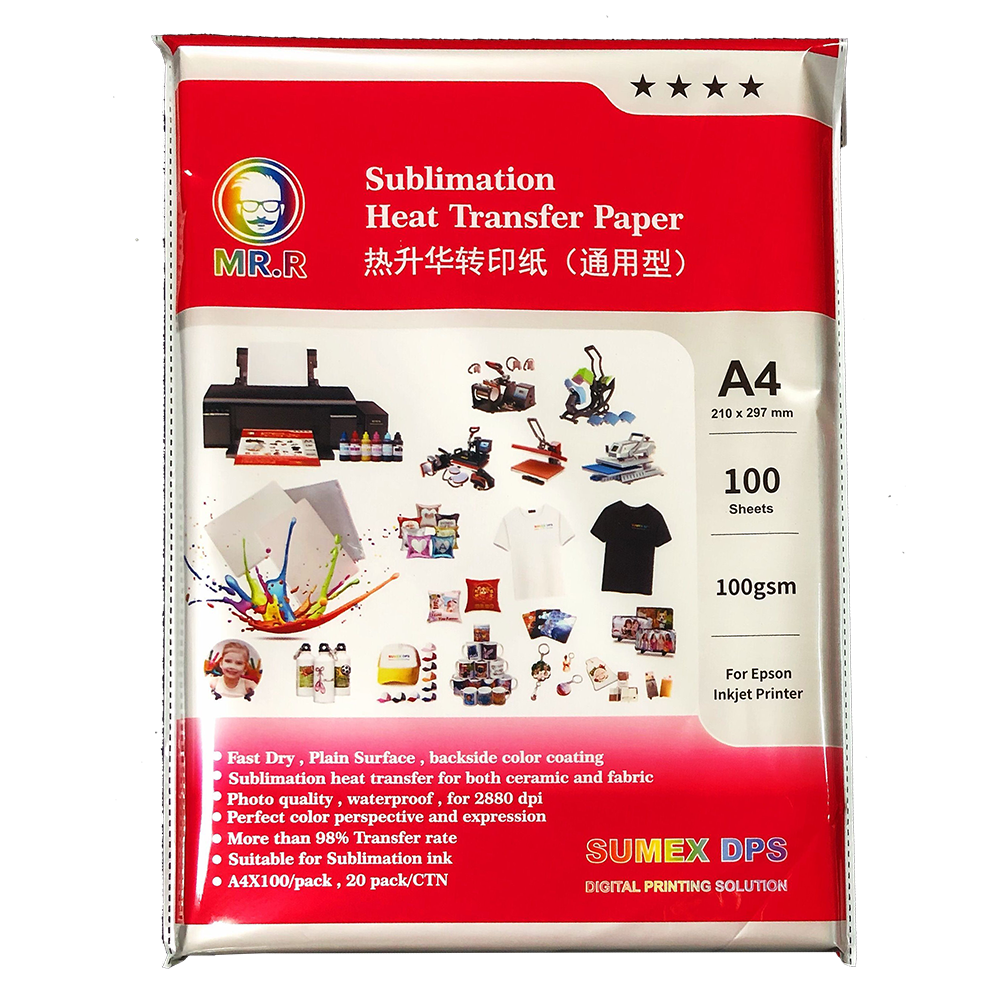 MR.R Sublimation Compatible Heat Transfer Paper 100gsm A4  for Polyester Fabric and Hard Stiff Substrate Materials