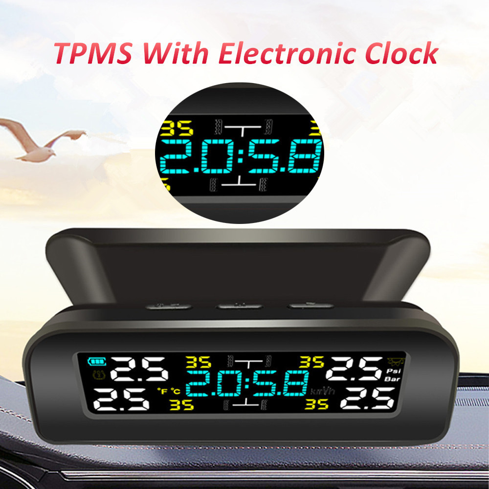 Universal TPMS Wireless Tire Pressure Monitoring System Solar Power Clock LCD Display 4 External Sensor Tire Pressure Sensors