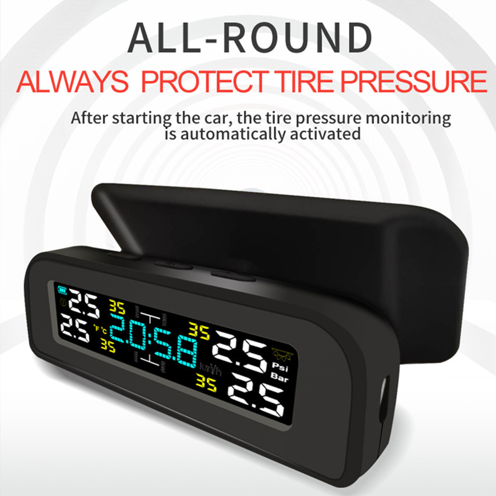 Universal TPMS Wireless Tire Pressure Monitoring System Solar Power Clock LCD Display 4 External Sensor Tire Pressure Sensors