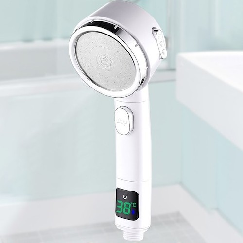 Intelligent Digital Display Showerhead 3 Modes Adjustable Plastic Shower Head Water-Saving Pressure Boosting Spraying Head