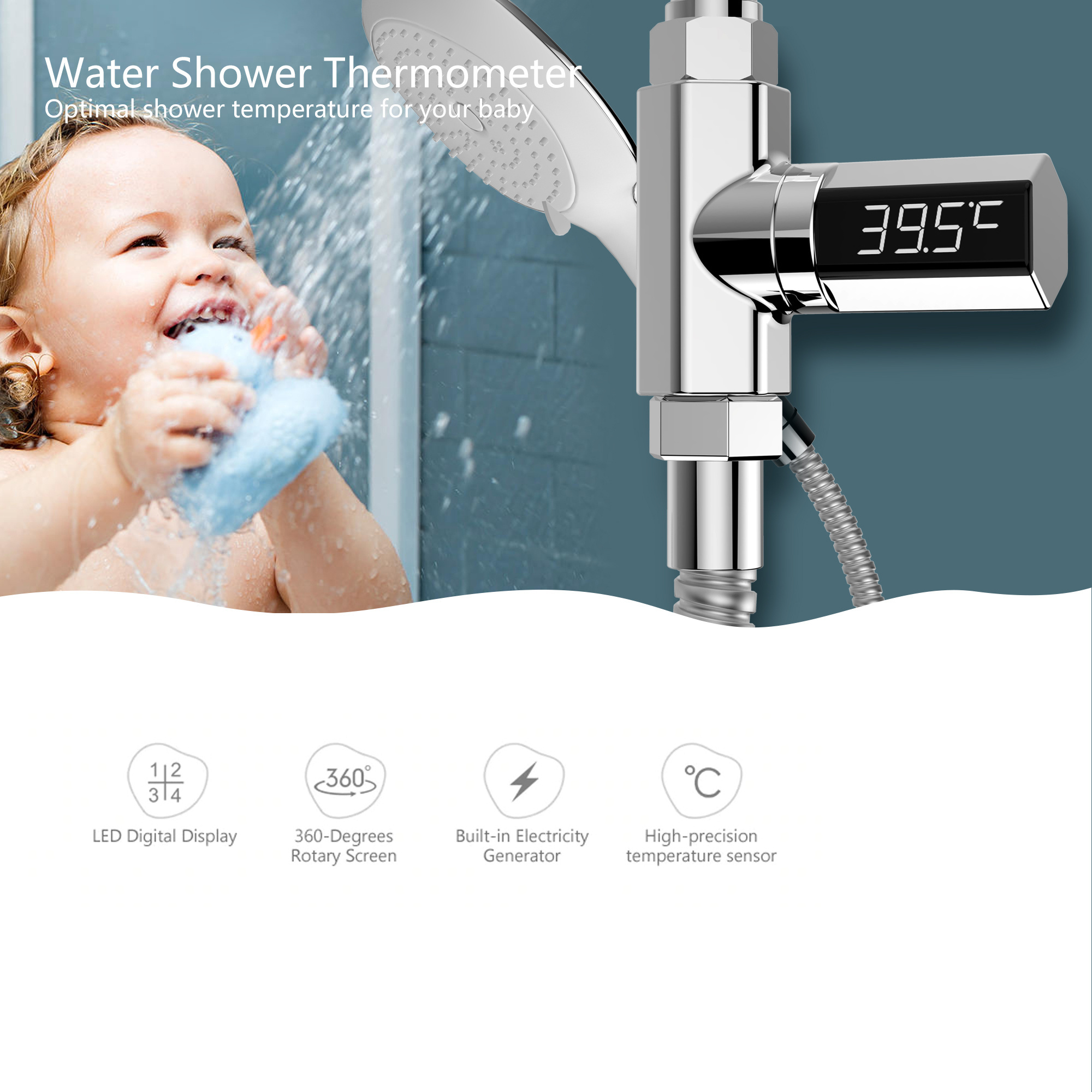 LED Display Home Water Shower Thermometer Flow Self-Generating Electricity Water Temperature Meter Monitor For Baby Care