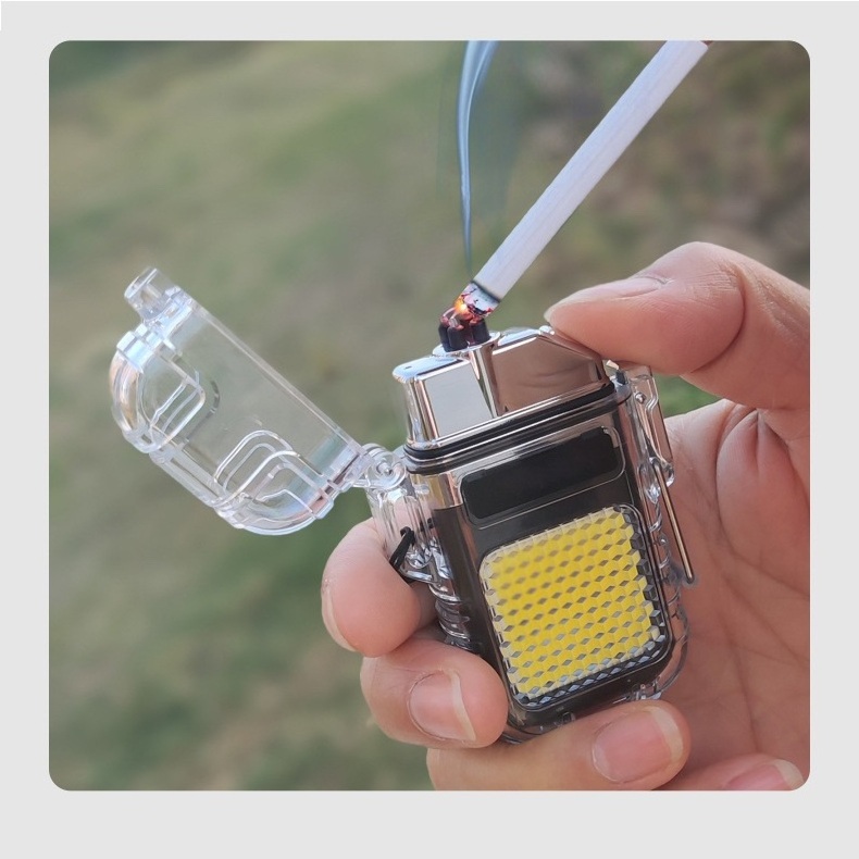 Transparent case waterproof electronic pulse lighter outdoor windproof lighter waterproof double arc cigarette lighter