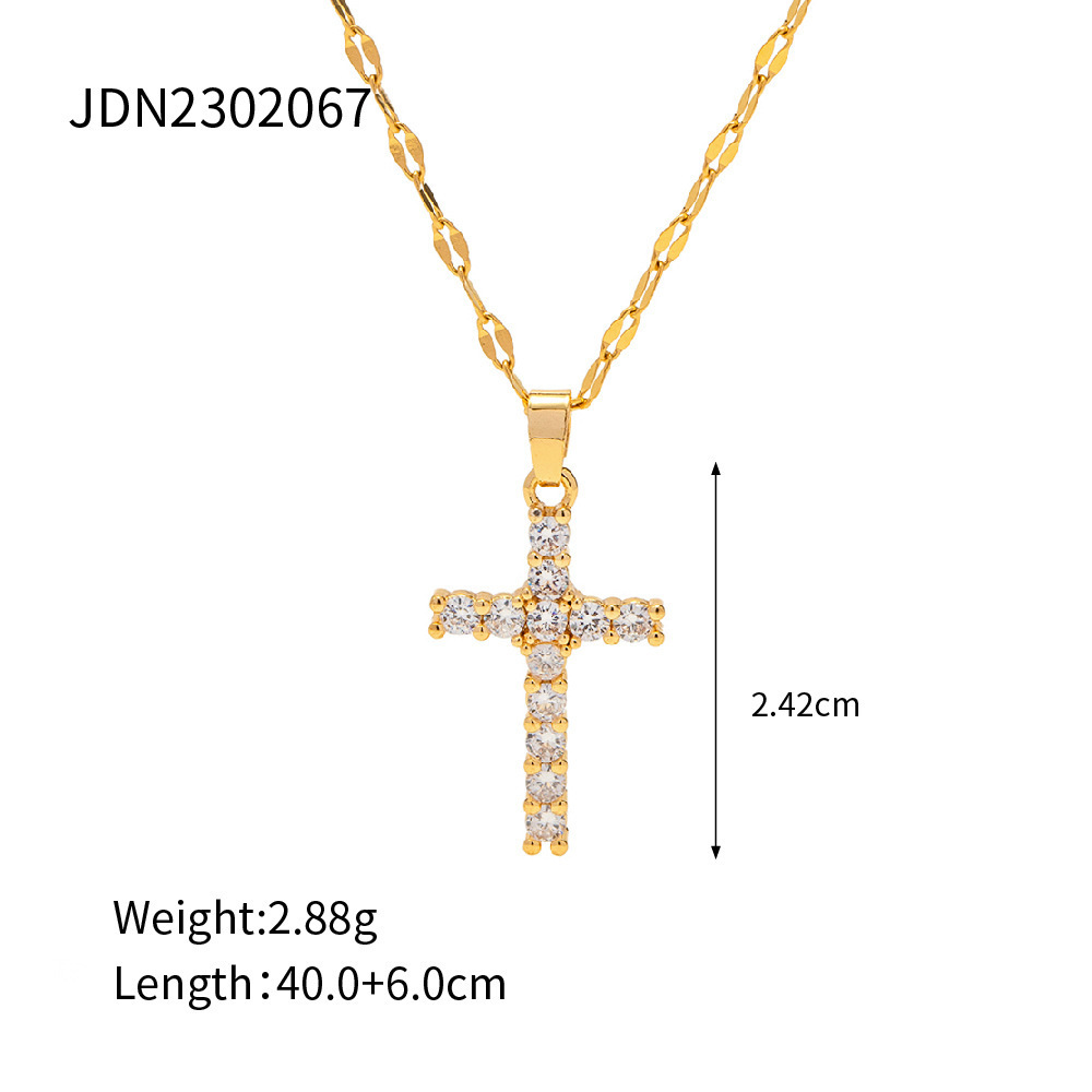 Stainless Steel 18K Gold Texture Light Luxury Inlaid Zircon Cross Necklace Spot Wholesale