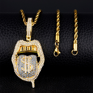 Copper Iced Out Cubic Zirconia Tongue Pendant Necklaces Colors Stone Hip Hop Gifts Rope Chains Necklace