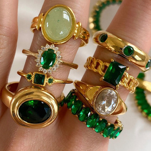 Luxury Vintage Green Gemstone Ring Gold Stainless Steel Zircon Ring Jewelry Women