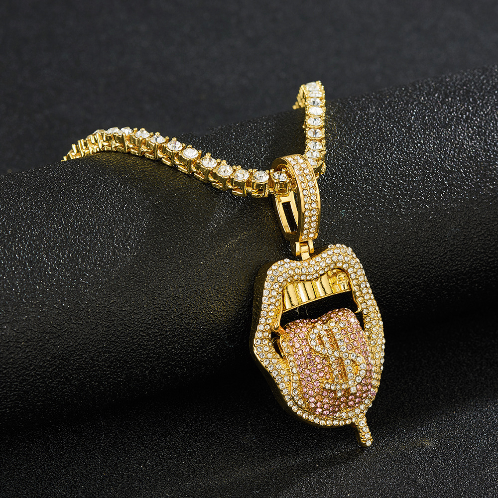 Copper Iced Out Cubic Zirconia Tongue Pendant Necklaces Colors Stone Hip Hop Gifts Rope Chains Necklace