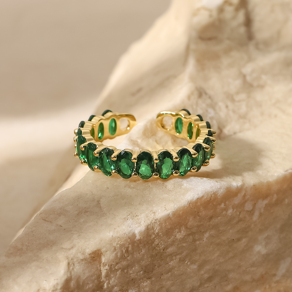 Luxury Vintage Green Gemstone Ring Gold Stainless Steel Zircon Ring Jewelry Women