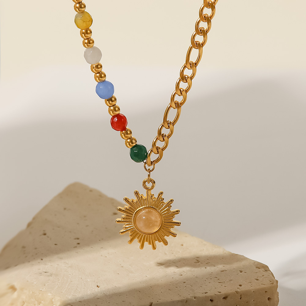 Stainless Steel 18k Gold Half Color Bead Chain Half Figaro Chain Natural Opal Stone Sun Pendant Necklace