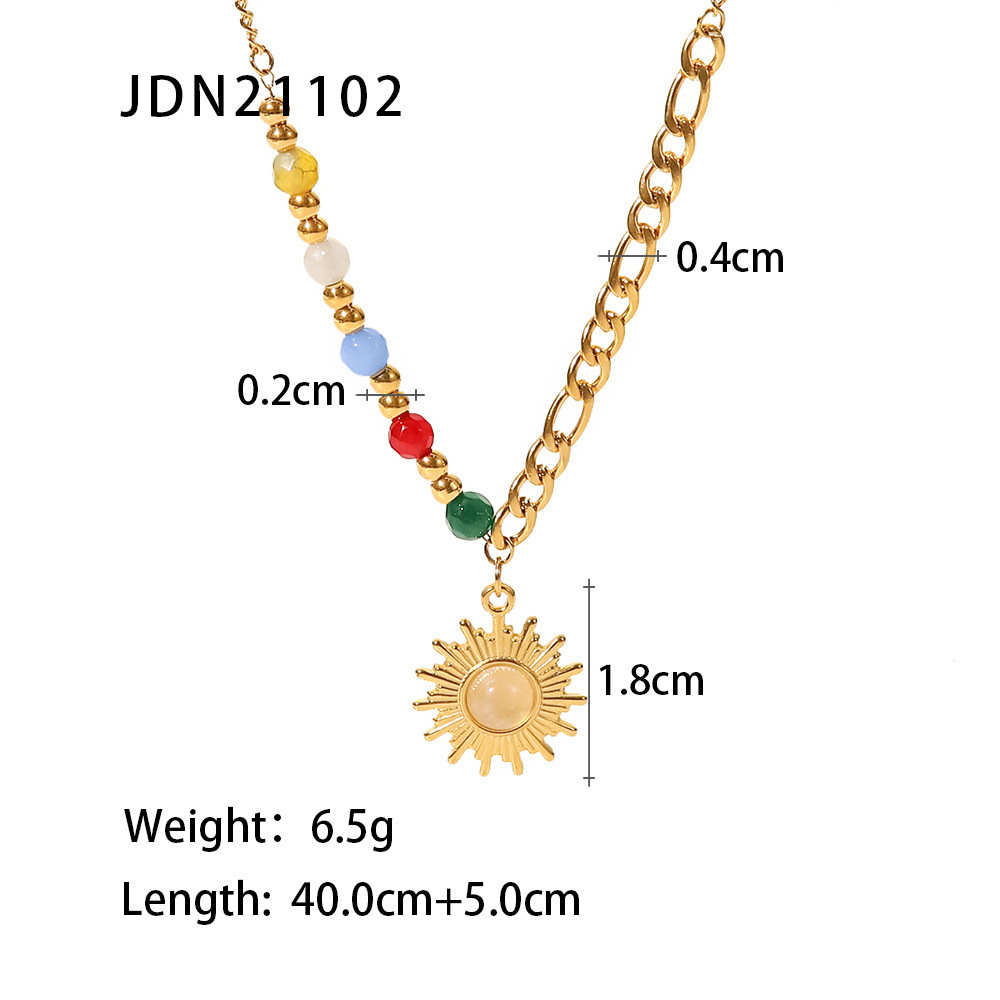 Stainless Steel 18k Gold Half Color Bead Chain Half Figaro Chain Natural Opal Stone Sun Pendant Necklace