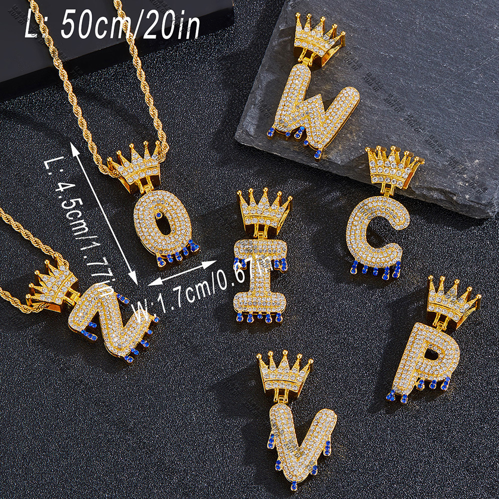 Crown Water Drop Letter Pendant Mens Jewelry Dainty CZ Bling Iced Out Men's Hip-Hop Necklace