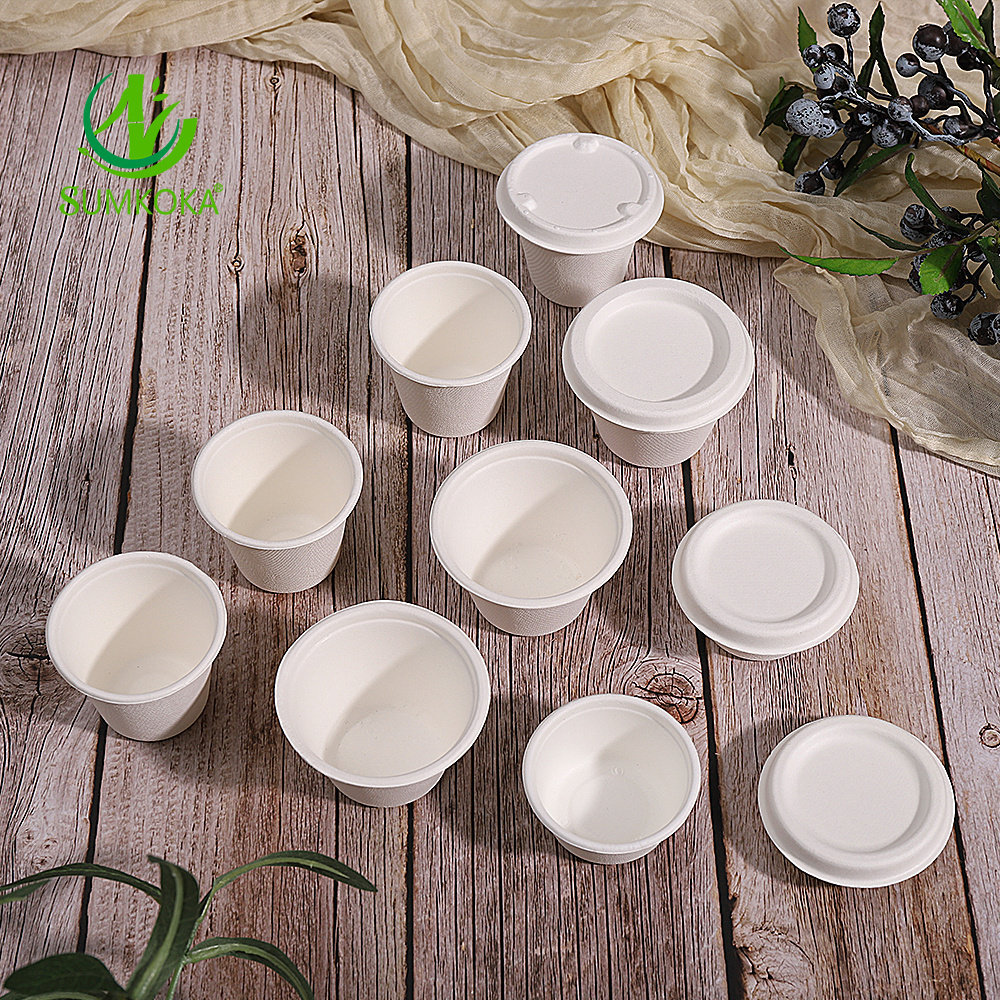 Environment Friendly 4oz Compostable SugarCane Cups with Lids Bagasse Biodegradable Cup For Sauces Condiments Slime Jello Shot