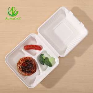 Biodegradable Food Container 8 Inch 3 Compartment Sugarcane Clamshell Disposable Takeaway Bagasse Lunch Box