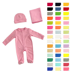 100% Organic Cotton Colored Trim Baby Romper Matching Hat Blanket Organic Cotton Baby Clothes Set Baby Pajamas Organic