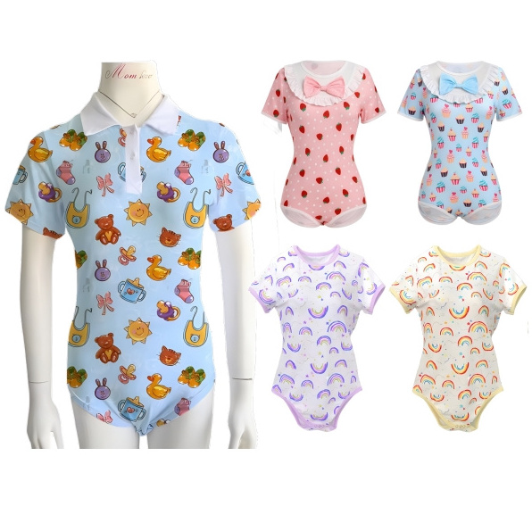 Custom Adult onesie cotton silk Clothing Bodysuit Cartoon Printing Women Solid Romper Sleepwear Diaper Snap Crotch Romper