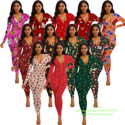 Hot Christmas Long Sleeves Long Pants Onesis Rompers Jumpsuit Women Adult Onesie Pajamas Cartoon Onesie