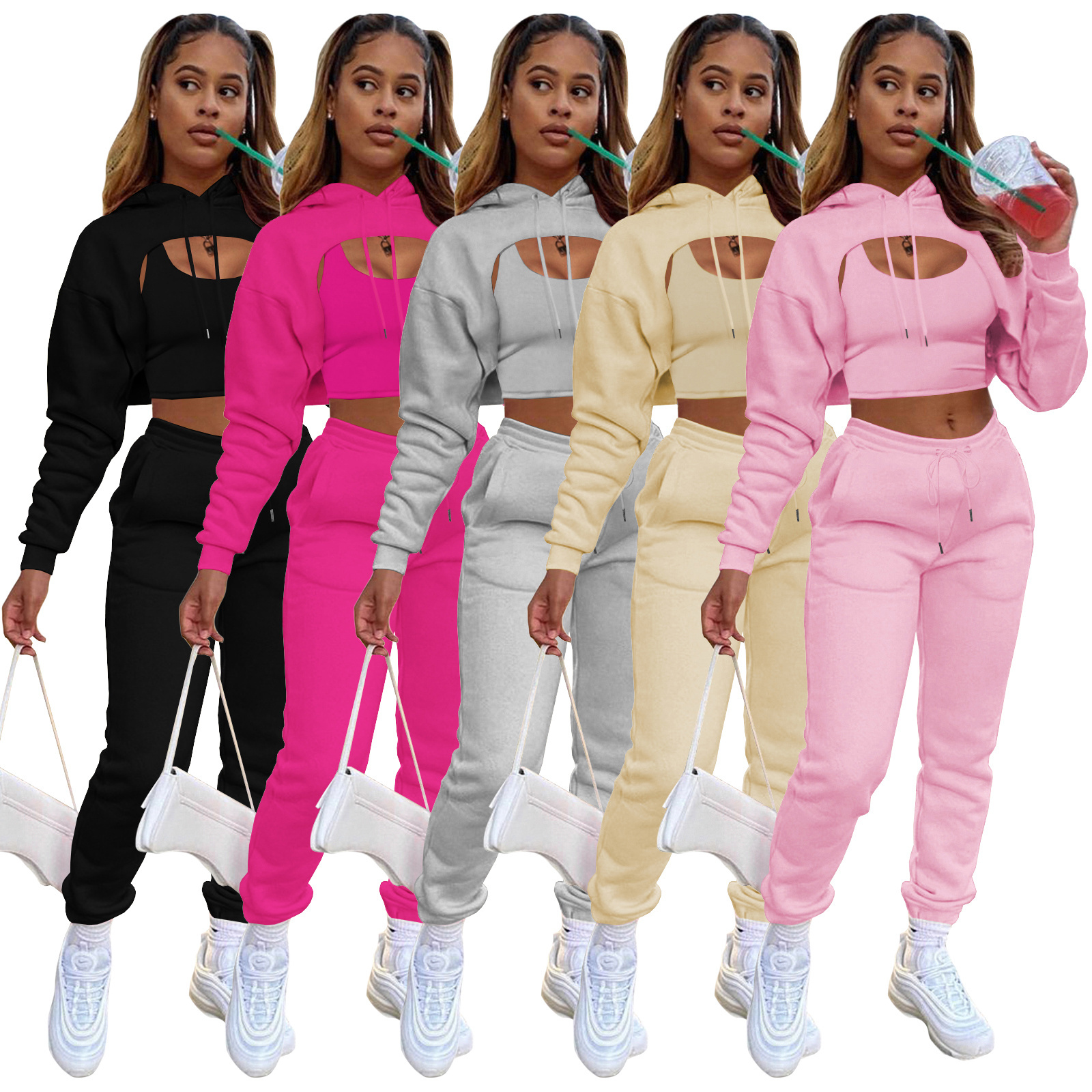 Winter clothes for women fleece drawstring sweatsuit jogger set sweatpants and hoodie set suits set for women