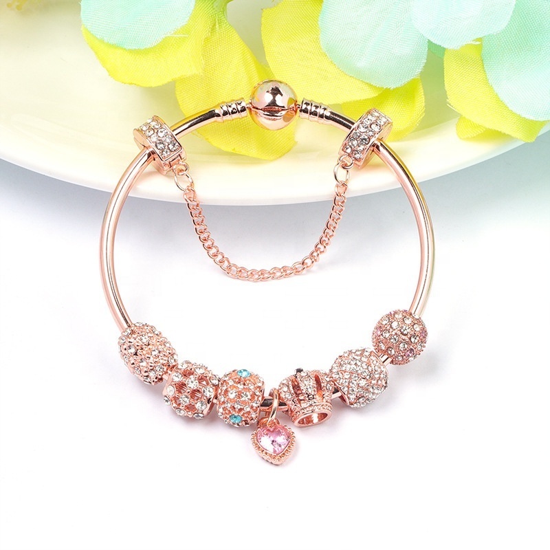 High quality rose gold plated CZ crown charm bracelet large hole hollow beads zircon charm bracelet for women