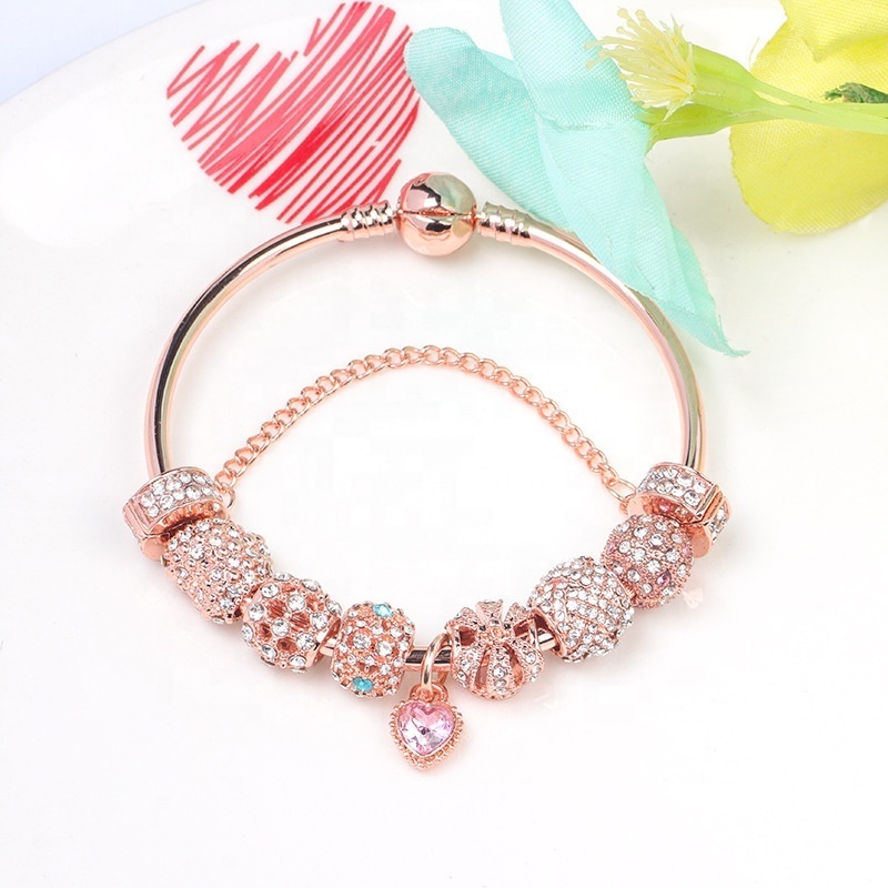 High quality rose gold plated CZ crown charm bracelet large hole hollow beads zircon charm bracelet for women