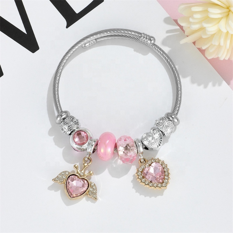 High quality silver plated stainless steel crystal angel charm bracelet large hole beads heart pendant bracelet for girls