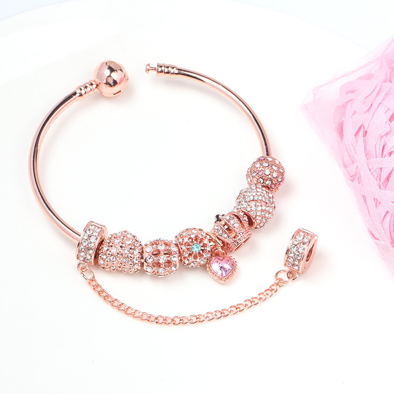 High quality rose gold plated CZ crown charm bracelet large hole hollow beads zircon charm bracelet for women