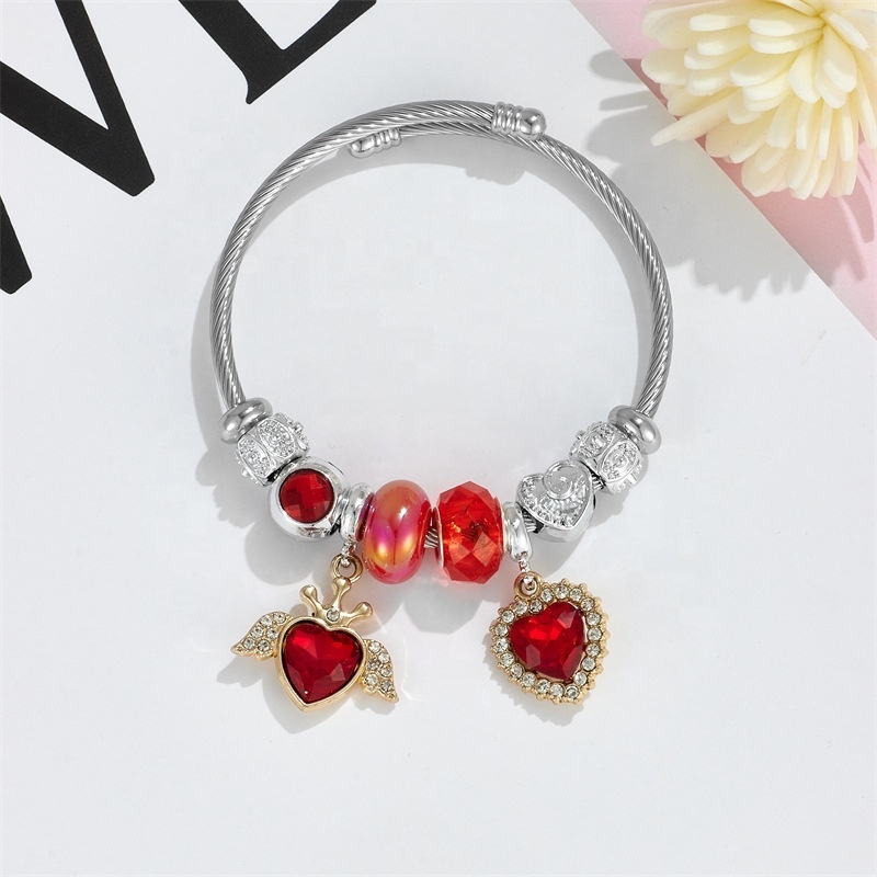 High quality silver plated stainless steel crystal angel charm bracelet large hole beads heart pendant bracelet for girls