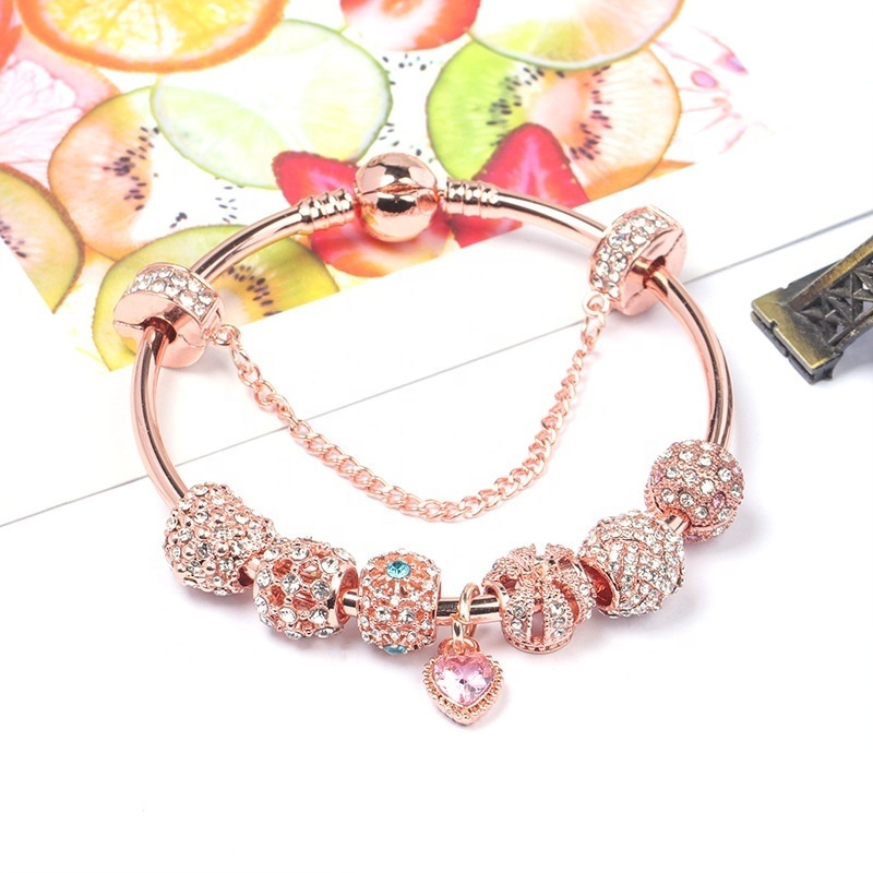 High quality rose gold plated CZ crown charm bracelet large hole hollow beads zircon charm bracelet for women