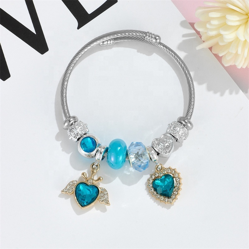 High quality silver plated stainless steel crystal angel charm bracelet large hole beads heart pendant bracelet for girls