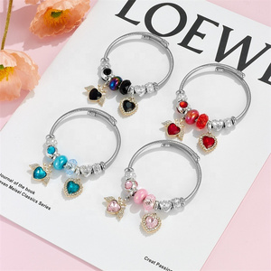 High quality silver plated stainless steel crystal angel charm bracelet large hole beads heart pendant bracelet for girls