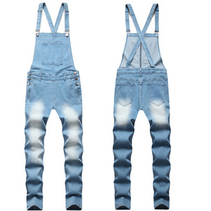 Wholesale Stock Sky Blue Boyfriend Ripped One Piece Overalls Men Denim Pant Jumpsuit Biker Cargo Jeans For Men