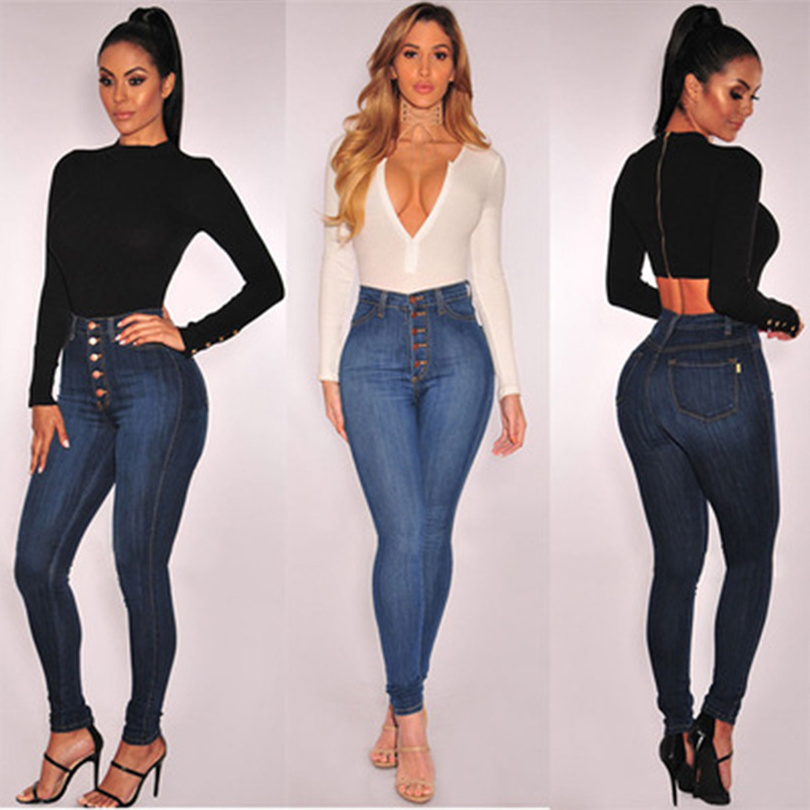 OEM ODM Wholesale High Waist Jeans Mujer Button Solid Stretch Skinny Ladies Denim Pants Women's Jeans