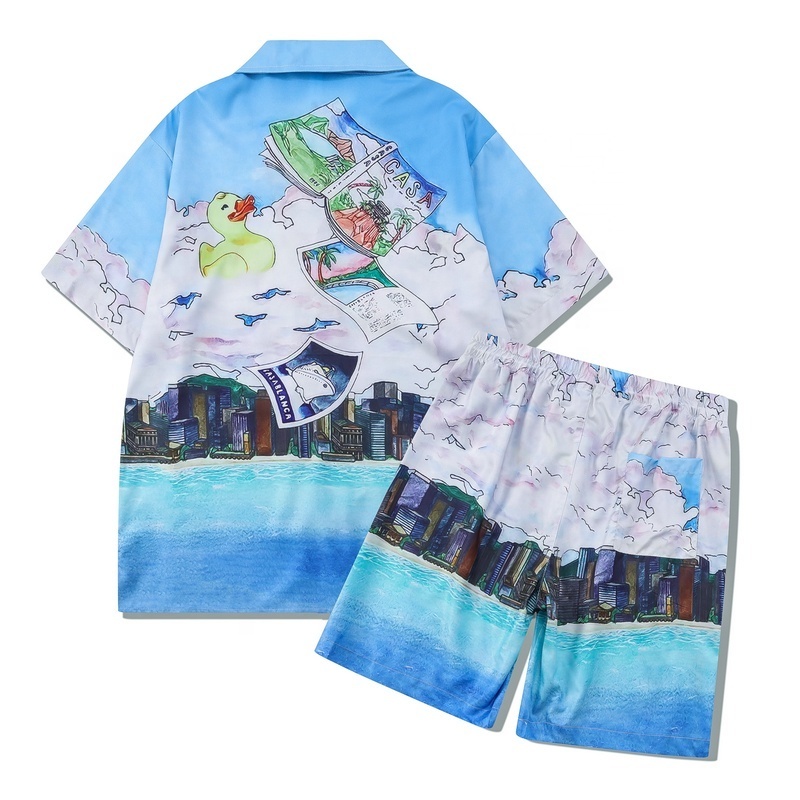 Summer Casa Hawaiian Beach Breathable Style Printed Short Sleeve Button Up Shirt Men's Beach Shorts Set