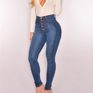 OEM ODM Wholesale High Waist Jeans Mujer Button Solid Stretch Skinny Ladies Denim Pants Women's Jeans