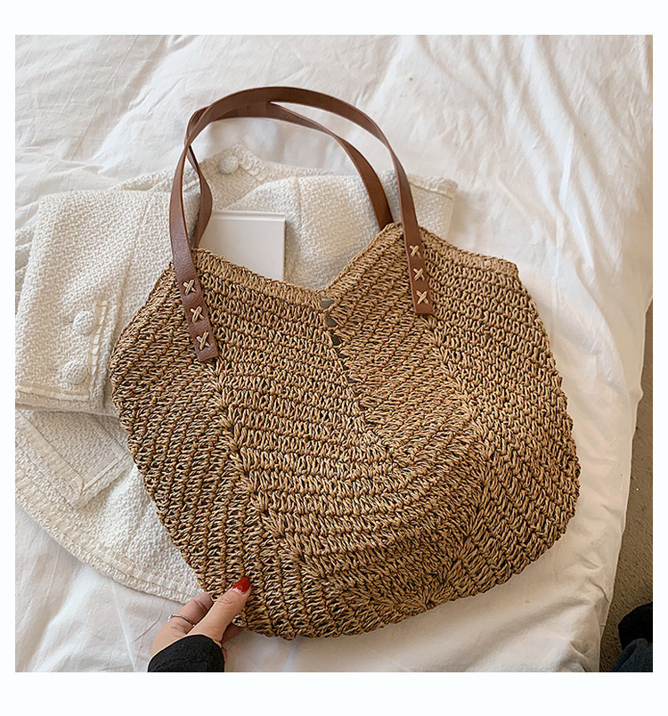 Korean Style Vacation Summer Bohemian Large Recycled Straw Beach Tote Bag Casual All-Match Travel Rattan Crochet Stripe Handbag