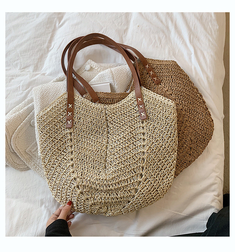 Korean Style Vacation Summer Bohemian Large Recycled Straw Beach Tote Bag Casual All-Match Travel Rattan Crochet Stripe Handbag