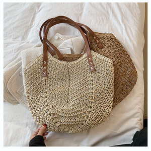 Korean Style Vacation Summer Bohemian Large Recycled Straw Beach Tote Bag Casual All-Match Travel Rattan Crochet Stripe Handbag