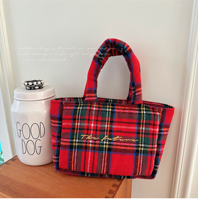 Japanese Style Vintage Red Tartan Plaid Shoulder Tote Handbag Customized Embroidery Women Large Capacity Tweed Shopping Bag