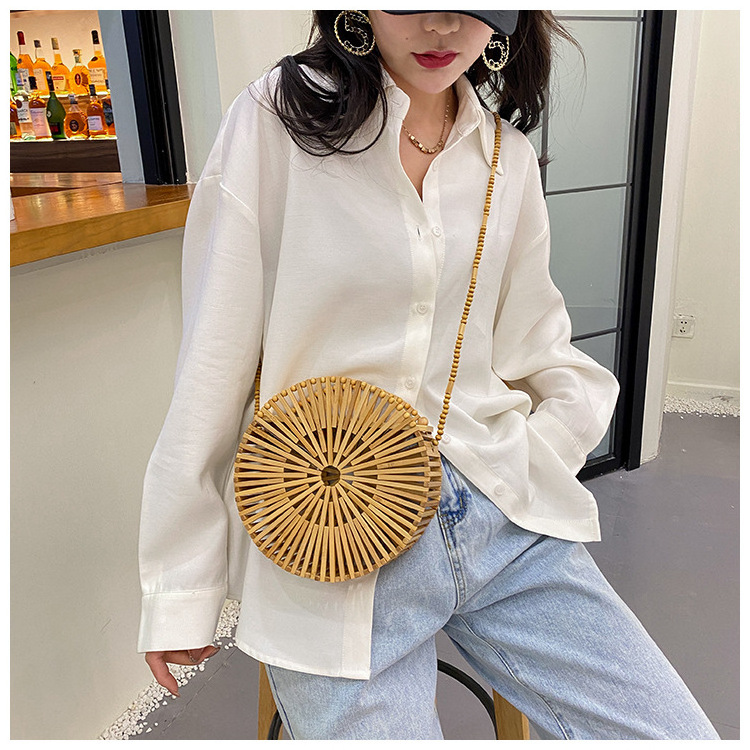 Popular Wholesale Summer Natural Eco Handmade Hollow Elegant Women Beach Tote Bag 2022 Hot Sale Handmade Bamboo Half Moon Bag