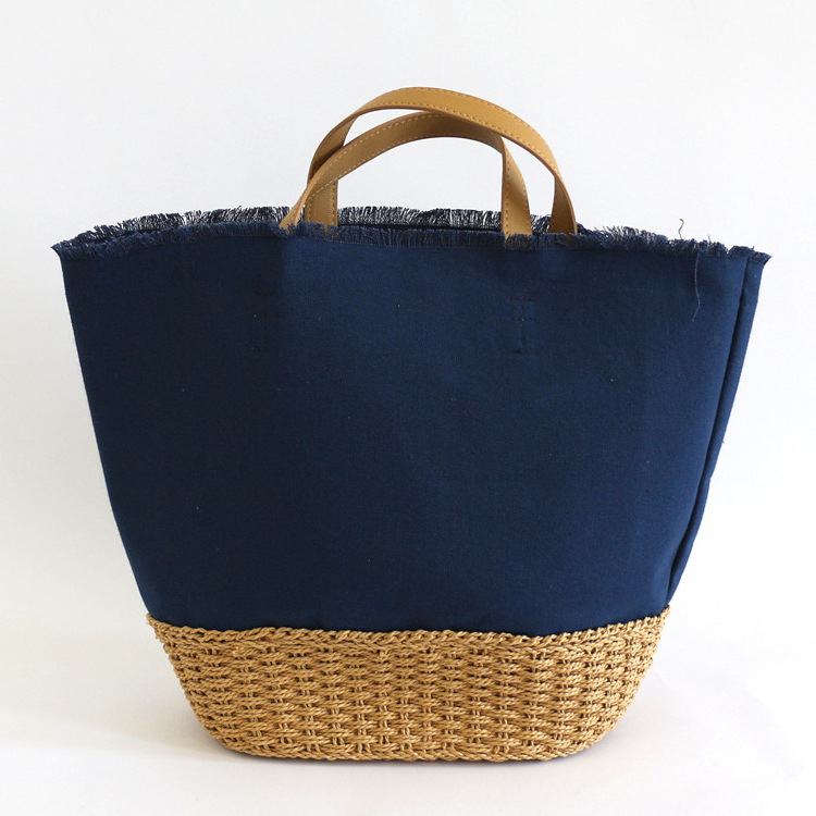 Japanese INS Large Capacity Canvas Linen Beach Bag Wholesale Summer Woven Straw Handbag with Leather Handle