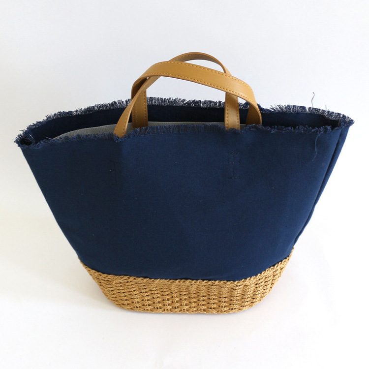 Japanese INS Large Capacity Canvas Linen Beach Bag Wholesale Summer Woven Straw Handbag with Leather Handle