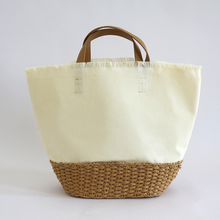 Japanese INS Large Capacity Canvas Linen Beach Bag Wholesale Summer Woven Straw Handbag with Leather Handle