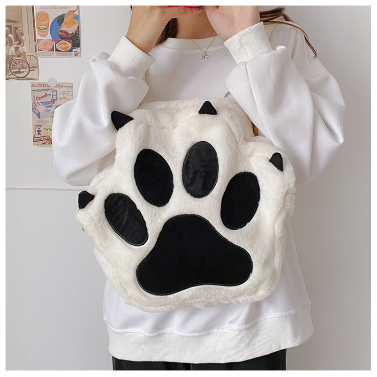 Japanese INS Winter Sweet Customized Cartoon Cute Cat Claw Girl Backpack White Fluffy Faux Fur Plush Paw School Bag