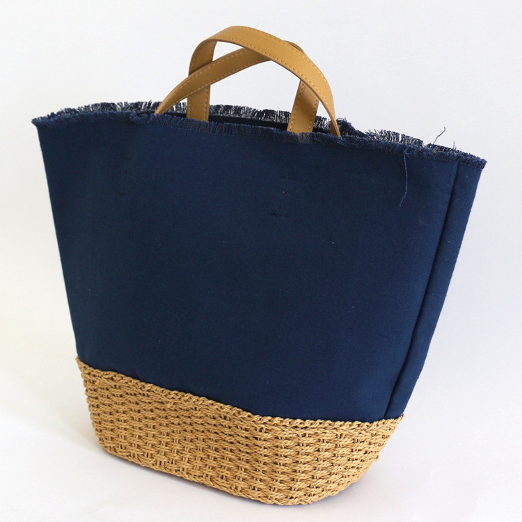 Japanese INS Large Capacity Canvas Linen Beach Bag Wholesale Summer Woven Straw Handbag with Leather Handle