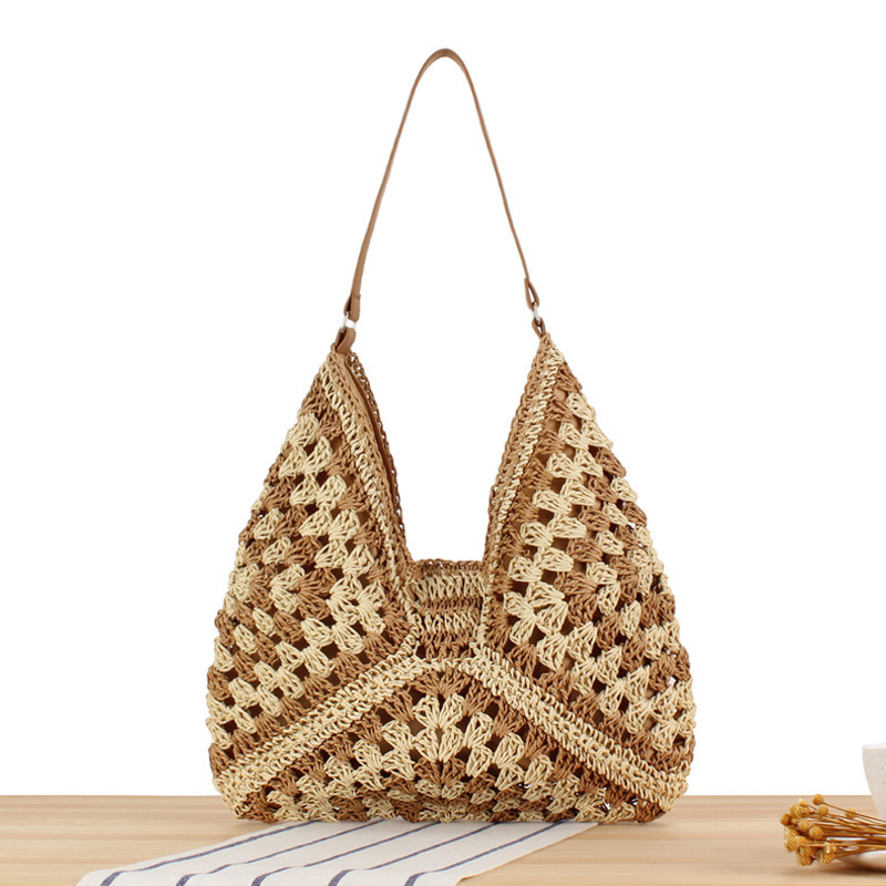 Hot sale Summer Women Handmade Triangle Woven Hollow Out Flower Bucket Tote Handbag Luxury Boho Straw Beach Shoulder Bag