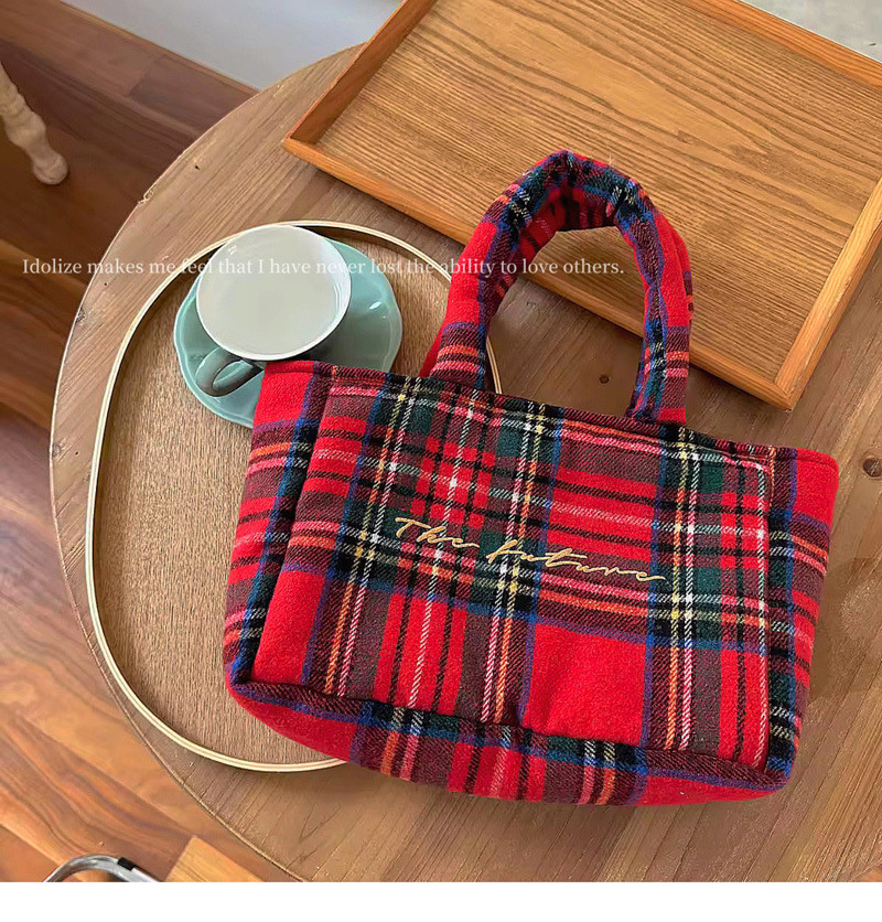 Japanese Style Vintage Red Tartan Plaid Shoulder Tote Handbag Customized Embroidery Women Large Capacity Tweed Shopping Bag