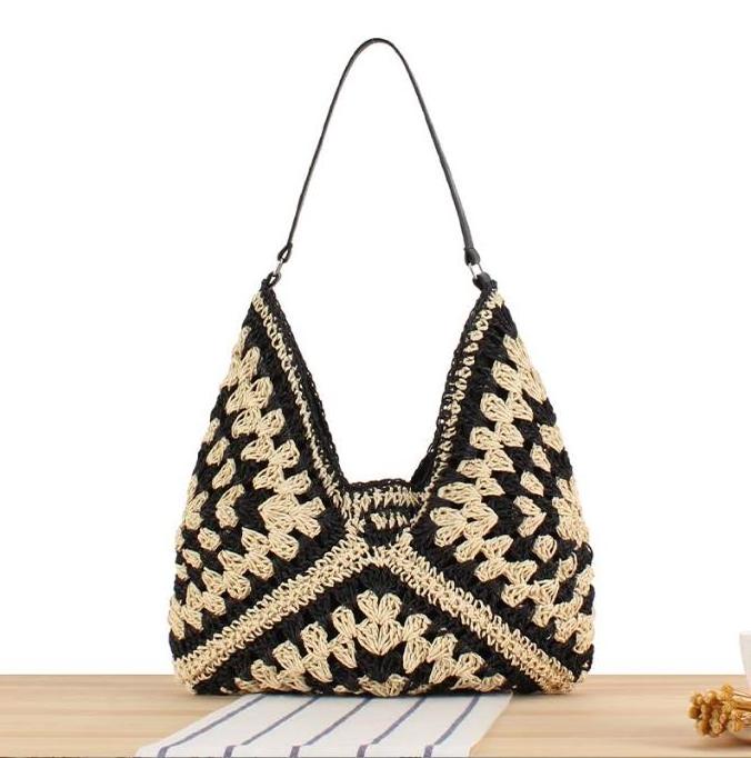 Hot sale Summer Women Handmade Triangle Woven Hollow Out Flower Bucket Tote Handbag Luxury Boho Straw Beach Shoulder Bag