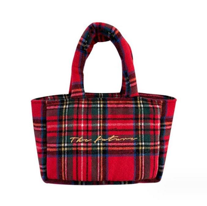 Japanese Style Vintage Red Tartan Plaid Shoulder Tote Handbag Customized Embroidery Women Large Capacity Tweed Shopping Bag