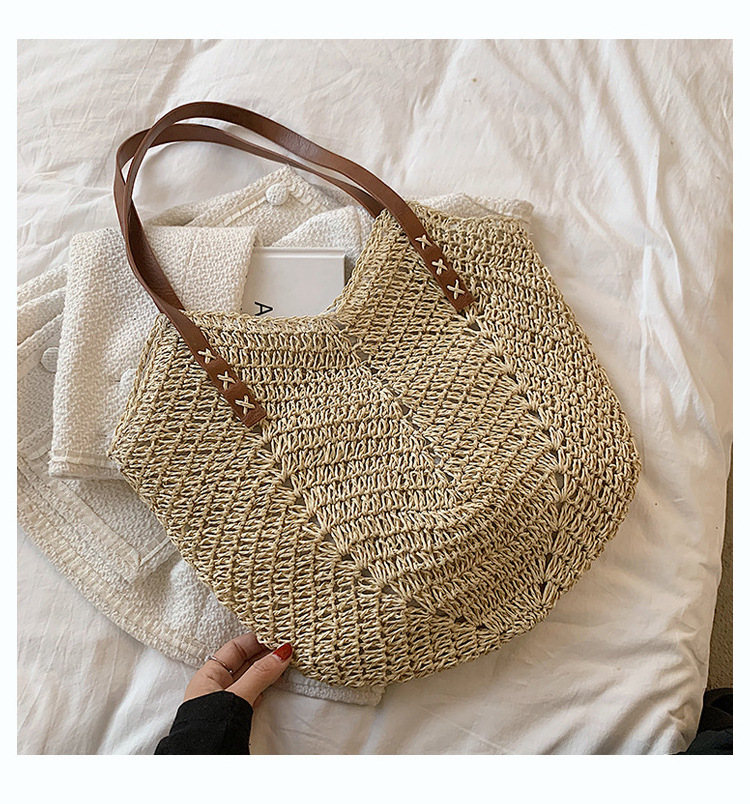 Korean Style Vacation Summer Bohemian Large Recycled Straw Beach Tote Bag Casual All-Match Travel Rattan Crochet Stripe Handbag