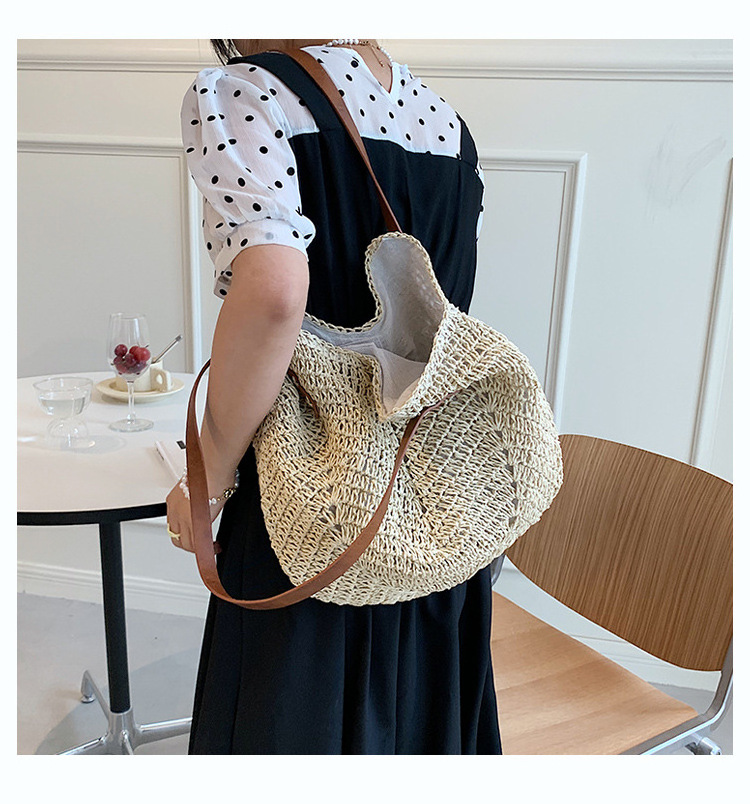 Korean Style Vacation Summer Bohemian Large Recycled Straw Beach Tote Bag Casual All-Match Travel Rattan Crochet Stripe Handbag