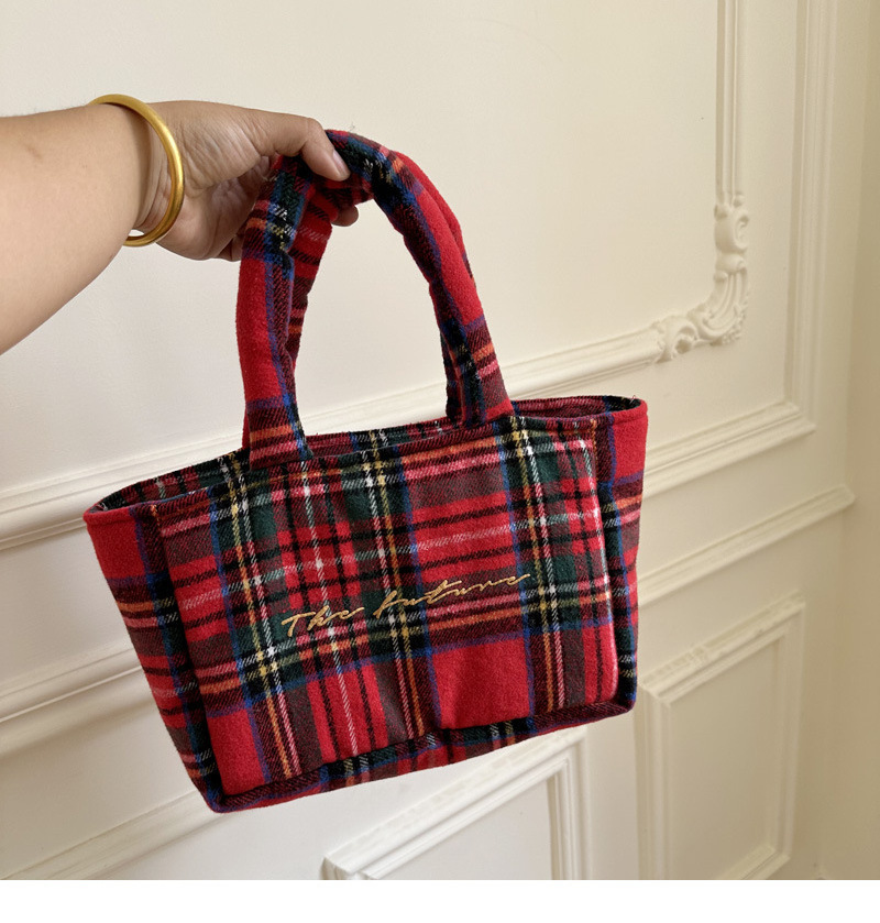 Japanese Style Vintage Red Tartan Plaid Shoulder Tote Handbag Customized Embroidery Women Large Capacity Tweed Shopping Bag