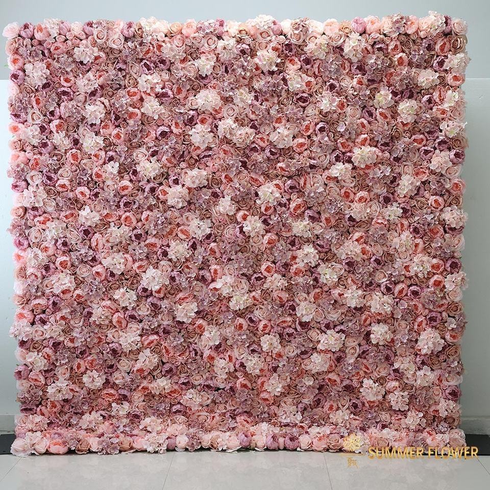 Promise 3D Roll Up Artificial Pink Silk Fake Flower Wall Backdrop Panel Wedding Decoration Flower Wall